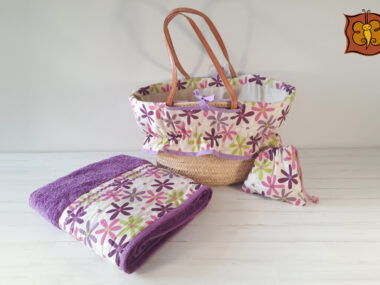 Conjunto toalla grande + capazo todo forrado + saquito de regalo
