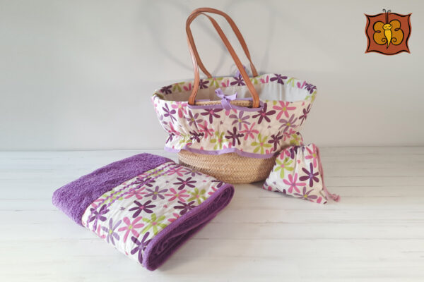 Conjunto toalla grande + capazo todo forrado + saquito de regalo
